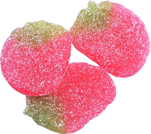 Swedish Candy Club Berry Fruity gummy candies shaped like strawberries, dusted with sugar.