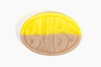 Swedish Candy Club BUBS Banana & Caramel Ovals candy, yellow and brown.