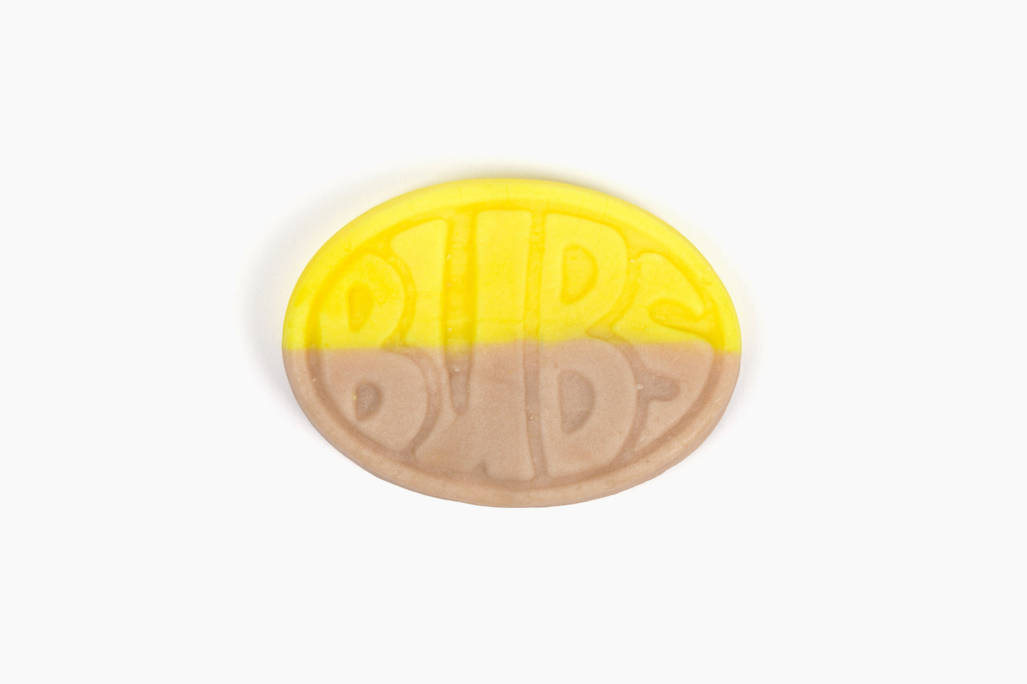 Swedish Candy Club yellow and brown BUBS gummy candy with embossed lettering.