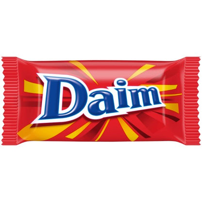Swedish Candy Club Daim minis chocolate bar with crunchy almond caramel, individually wrapped in red and yellow packaging.