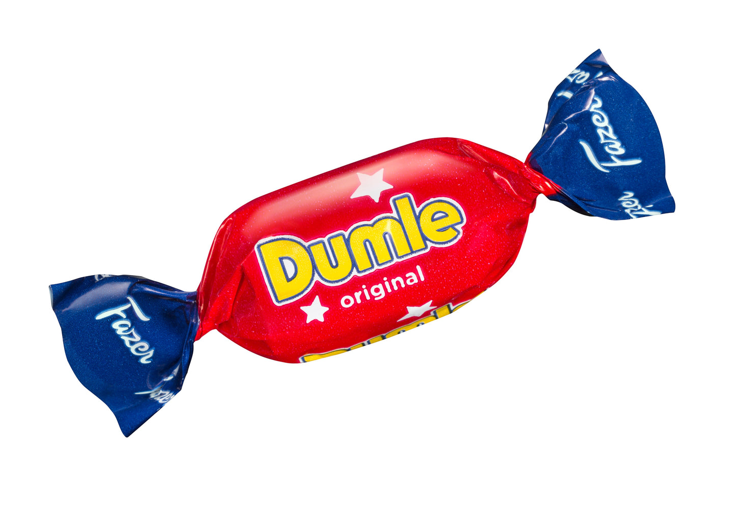 Swedish Candy Club Dumle original toffee candy in red and blue wrapper with white stars.