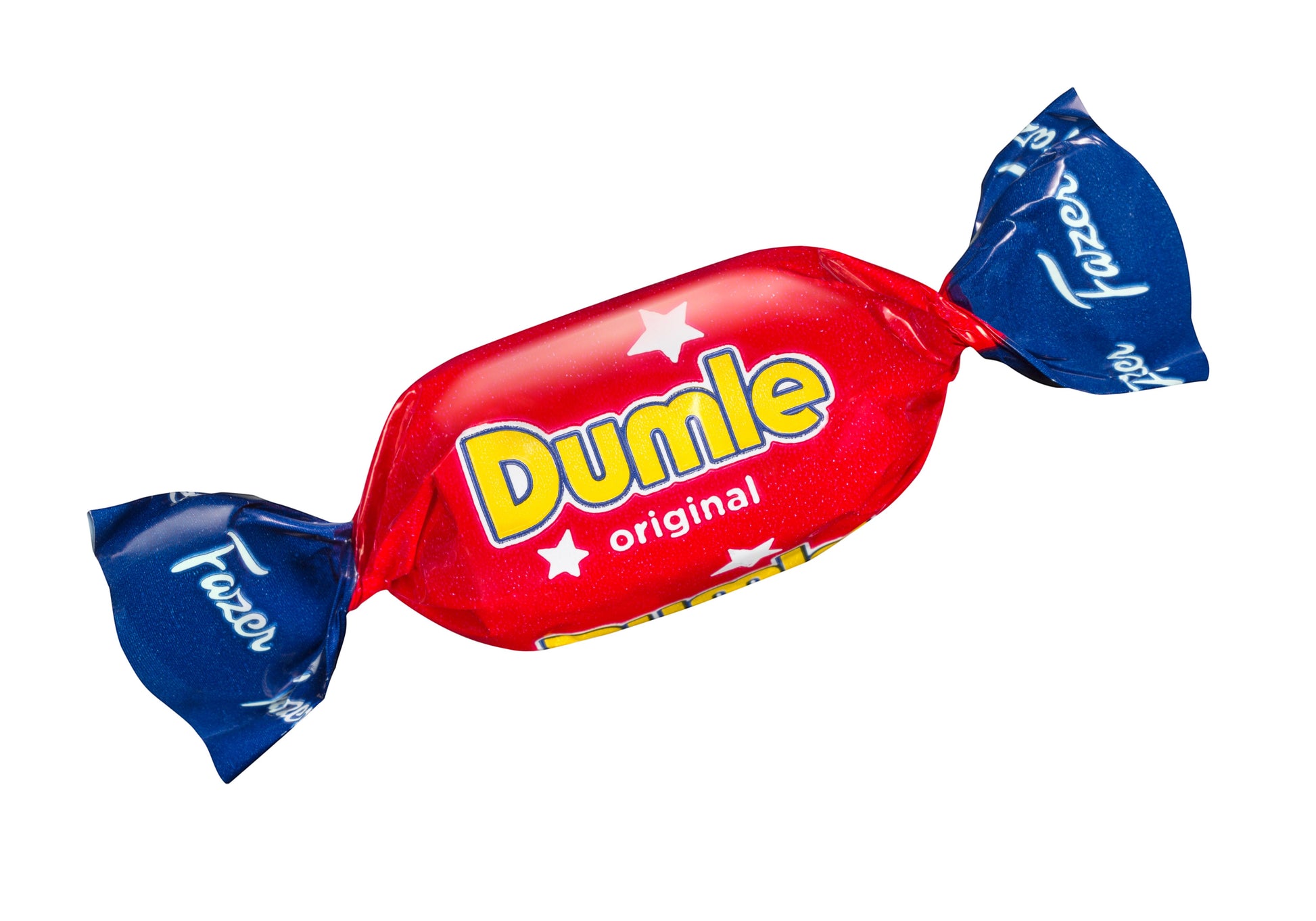Swedish Candy Club Dumle original toffee candy in red and blue wrapper with white stars.
