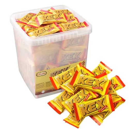 Swedish Candy Club's Wrap it Up bag featuring individually wrapped KEX chocolate wafer bars in yellow and red packaging.