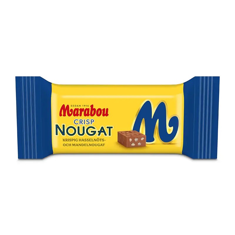Swedish Candy Club Marabou Crisp Nougat bar with hazelnut and almond nougat, individually wrapped in yellow and blue.