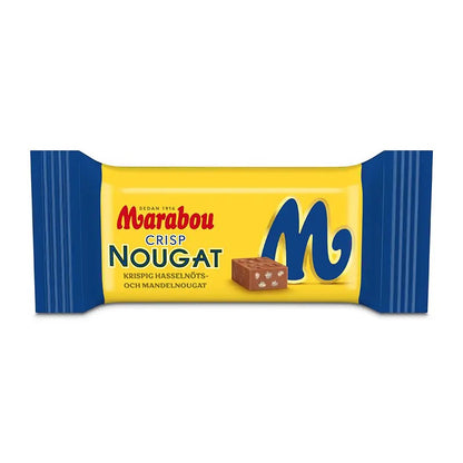 Swedish Candy Club Marabou Crisp Nougat bar with hazelnut and almond nougat, individually wrapped in yellow and blue.
