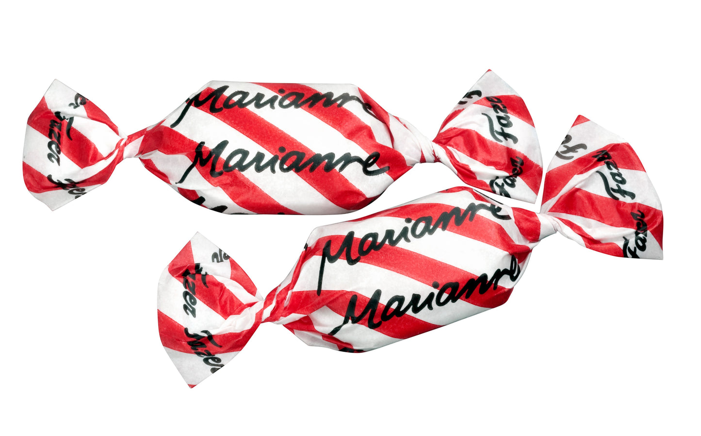 Swedish Candy Club Marianne red and white striped individually wrapped candies.