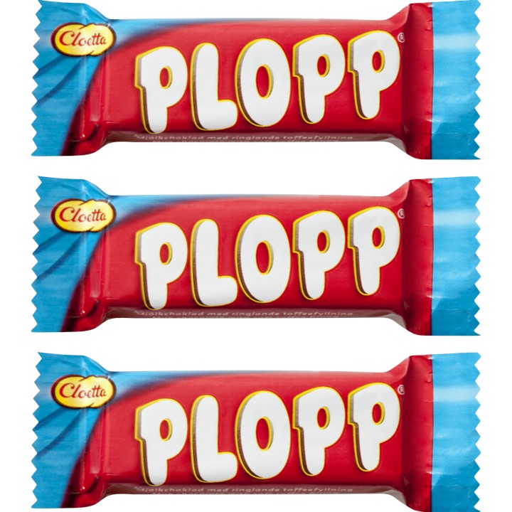 Swedish Candy Club Plopp chocolate bar with toffee filling, red and blue wrapper.
