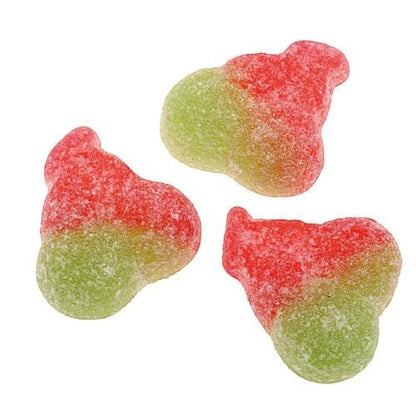 Swedish Candy Club sour cherry gummy candies, red and green with sugar coating.