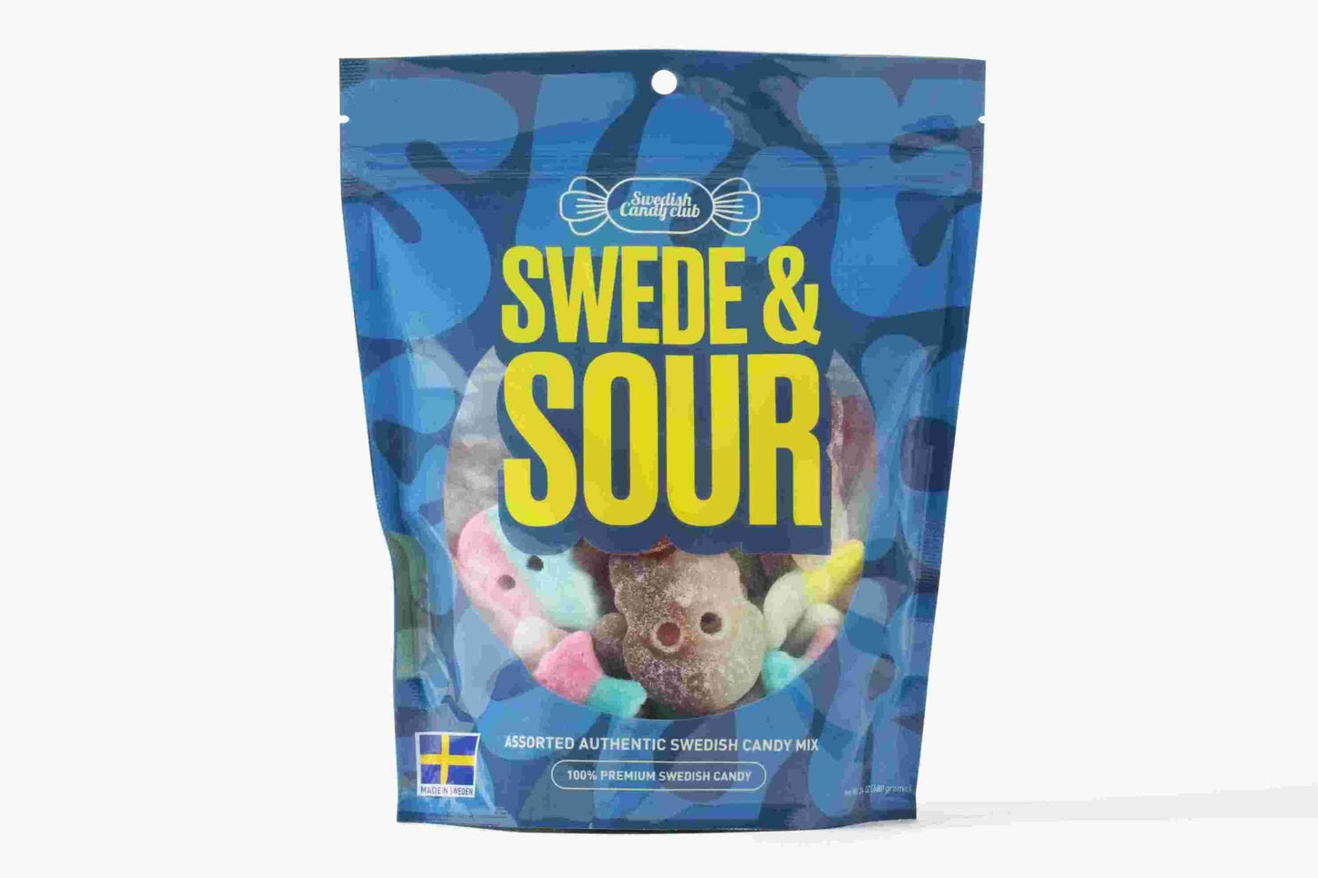 Swedish Candy Club Swede & Sour assorted authentic Swedish candy mix bag with gummy skulls, ovals, and more.