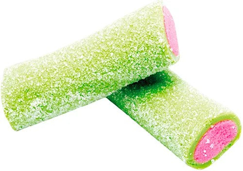 Swedish Candy Club Berry Fruity sour gummy candies, green exterior with white sugar coating, pink chewy center.