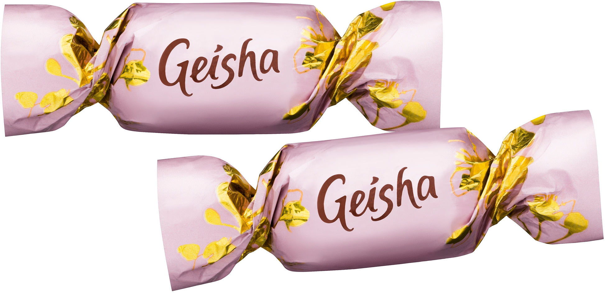 Swedish Candy Club Geisha chocolate candy individually wrapped in pink foil with gold floral accents.